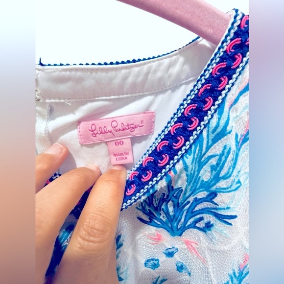 Lilly Pulitzer Unicorn Jackelin Romper Coral Reef Tassel Trim Blue Pink Size 00 - Picture 7 of 7